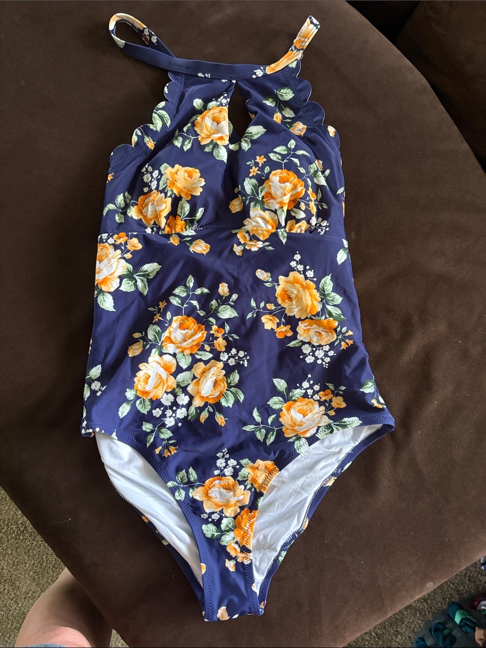 Floral One-Piece Swimsuit - Navy with Yellow Rose Print